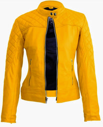 Daisy - Women's Yellow Tan Motorcycle and Biker Real Leather Jacket