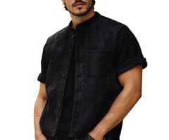 Shadow - Men's Black Suede Made to Measure Real Leather Coat