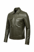 Load image into Gallery viewer, Men's olive green leather jacket with collar front view