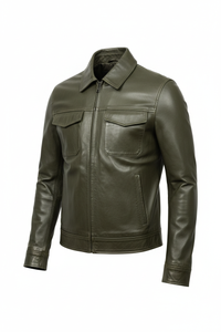 Men's olive green leather jacket with collar front view