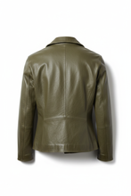Load image into Gallery viewer, Men's olive green leather jacket with collar back view