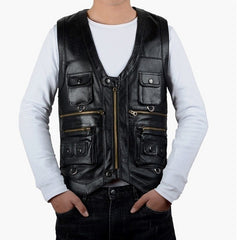 Asher - Men's Black Made to Measure Motorcycle & Biker Real Leather Vest