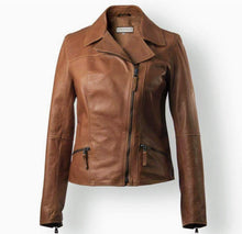 Load image into Gallery viewer, Olivia - Women's Dark Tan Bomber Made to Measure Motorcycle and Biker Real Leather Jacket