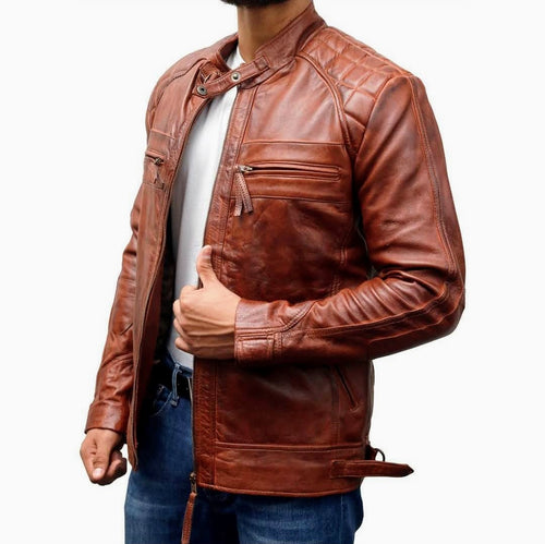 Atlas - Men's Antic Tan Made to Measure Motorcycle and Biker Real Leather Jacket