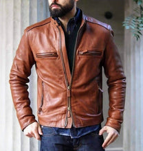 Load image into Gallery viewer, Atlas - Men&#39;s Antic Tan Motorcycle and Biker Real Leather Jacket