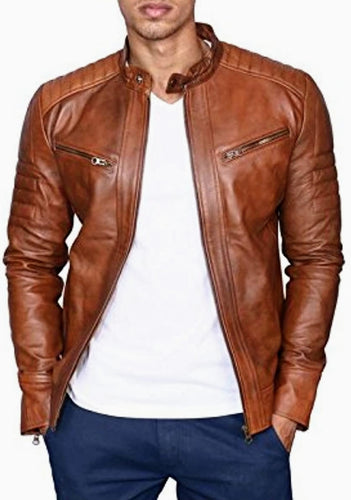 Leo - Men's Antic Tan Motorcycle and Biker Custom Fit Real Leather Jacket