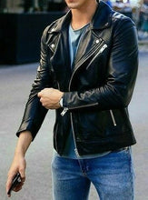 Load image into Gallery viewer, Victory - Men&#39;s Black Motorcycle and Biker Made to Measure Genuine Leather Jacket