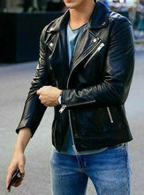 Load image into Gallery viewer, Victory - Men&#39;s Black Motorcycle and Biker Genuine Leather Jacket