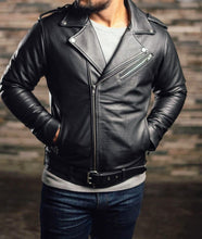 Load image into Gallery viewer, Aviator - Men&#39;s Black Motorcycle and Biker Real Leather Jacket