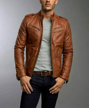 Load image into Gallery viewer, Bravo - Men&#39;s Antic Tan Motorcycle and Biker Real Leather Jacket