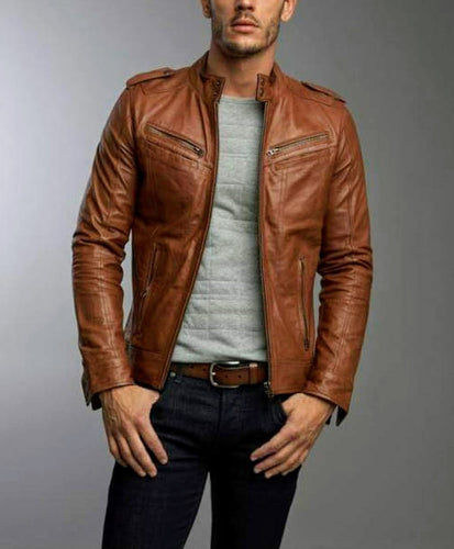 Bravo - Men's Antic Tan Made to Measure Motorcycle and Biker Real Leather Jacket