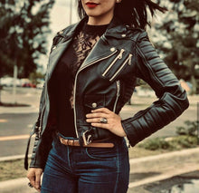 Load image into Gallery viewer, Victoria - Women's Black Bomber Made to Measure Motorcycle and Biker Genuine Leather Jacket