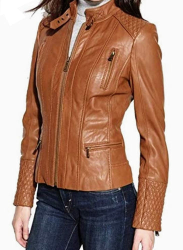 Jasmine - Women's Light Tan Bomber Motorcycle and Biker Custom Fit Real Leather Jacket