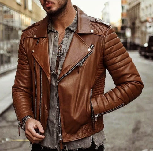 Warrior - Men's Vintage Brown Motorcycle and Biker Custom Fit Genuine Leather Jacket