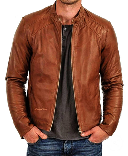 Kane - Men’s Dark Tan Motorcycle and Biker Custom Fit Real Leather Jacket