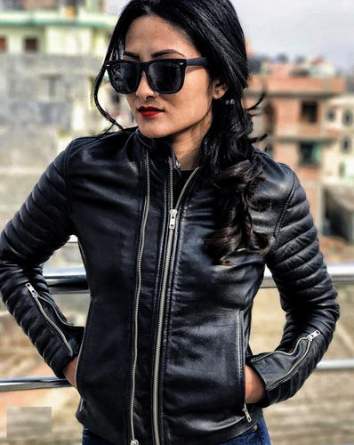 Rose - Women's Black Bomber Motorcycle and Biker Custom Fit Genuine Leather Jacket