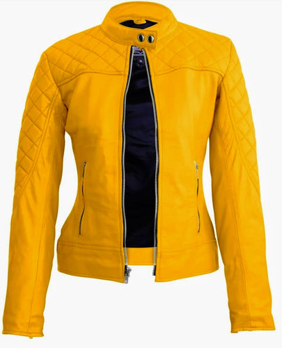 Daisy - Women's Yellow Tan Motorcycle and Biker Custom Fit Real Leather Jacket