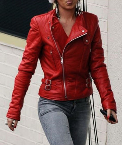 Hannah - Women's Red Bomber Motorcycle and Biker Custom Fit Real Leather Jacket