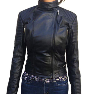 Maya - Women's Black Bomber Motorcycle and Biker Custom Fit Genuine Leather Jacket