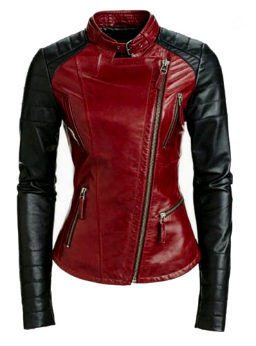 Charlotte - Women's Red Black Bomber Motorcycle and Biker Custom Fit Real Leather Jacket